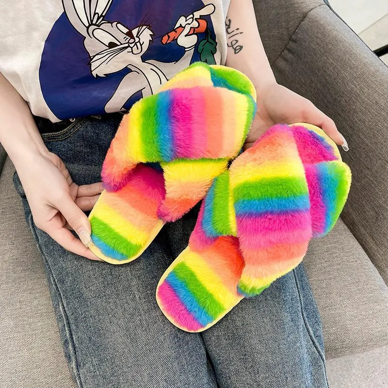 Women's rainbow cirss peep toe slippers indoors shoes