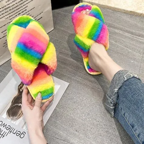 Women's rainbow cirss peep toe slippers indoors shoes