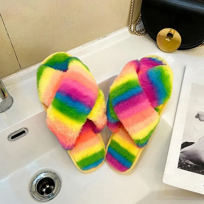 Women's rainbow cirss peep toe slippers indoors shoes