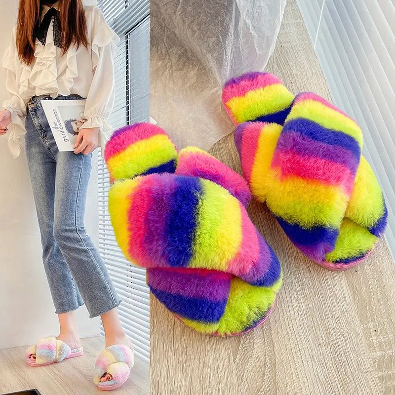 Women's rainbow cirss peep toe slippers indoors shoes