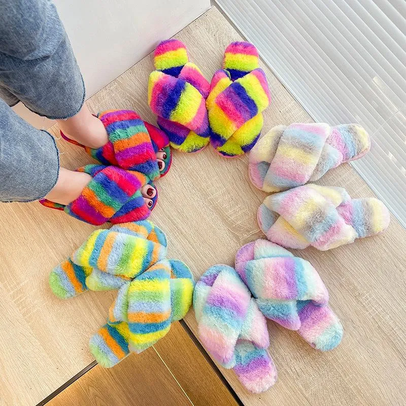 Women's rainbow cirss peep toe slippers indoors shoes